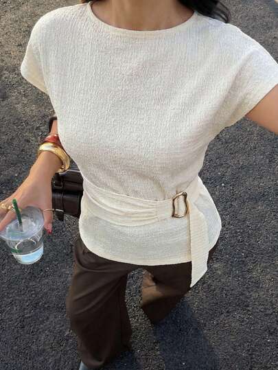 BizChic Spring/Summer New Apricot Textured Knit Fabric Adjustable Waist Tie Metal Decor Buckle Design Slim Fit Women's T-Shirt, Suitable For Wedding Guest, Host, Outing, Date, Party, Concert, Stage Performance, Brunch, Airport, Summer Holiday