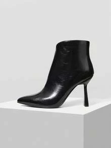 Mnmlis 女士尖头侧拉链设计时尚日常高跟踝靴情人节特惠 - 黑色 - 查看 3