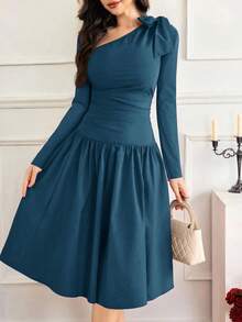 Modelyn 不对称系领蝴蝶结优雅红色女式连衣裙 - 水鴨藍 - 查看 5