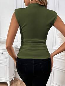 SHEIN Clasi 女士立领纯色修身休闲套头衫 - 墨綠色 - 查看 2