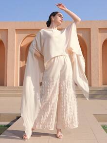 Graceveil 女士优雅两件套：纯色圆领宽松蝙蝠袖修身上衣和阔腿时尚长裤 - 杏色 - 查看 6