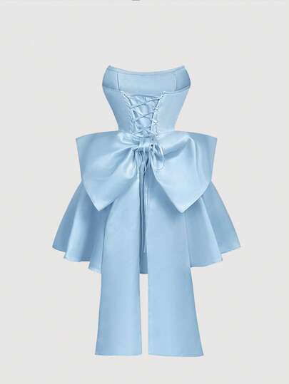 SHEIN MOD Vestido corto con escote palabra de honor, decorado con lazo, de satén ajustado