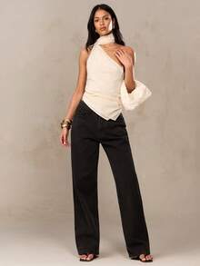 SHEIN BAE Elegant Chiffon Flowy Asymmetric Cold-Shoulder Top, Suitable For Elegant Top, Brunch Top, Wedding Guest Top, Summer Top, Apricot Top, Cream Top, Summer For Women, Going Out Top For Women, Summer Holidays, Casual Blouse For Women, Spring Top Women, Works For Women, Fashionable Top, Flowy Top, Casual Blouses For Women, Women's Cruise - Apricot - View 3