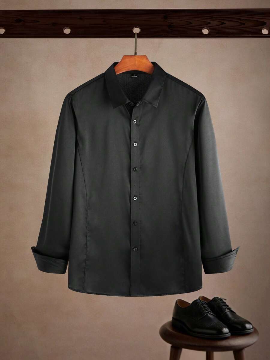 Manfinity Men's Textured Design Casual Business Long Sleeve Shirt Silk Shirts Satin Men Shirt Luxury Shirts Black Dress Shirt For Old Money,Daily Leisure, Weekend Trips, Outdoor Activities, Travel Expeditions, Relaxed Work Environments Or Semi-Formal Occasions,Boyfriend/Husband Gift, Anniversary Gift Christmas - Black - View 1