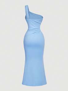 SHEIN X Hannahelzahed SHEIN MOD Solid Color Fitted Elegant Summer Dress With Brooch Decor, Asymmetric Neck And Ruched Fishtail Hem - Blue - View 2