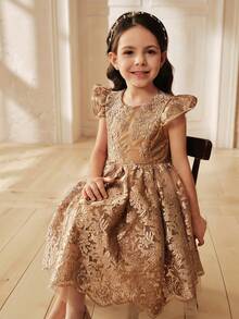 SHEIN Young Girl Lace Embroidery Round Neck Ruffle Hem A-Line Dress - Gold - View 6