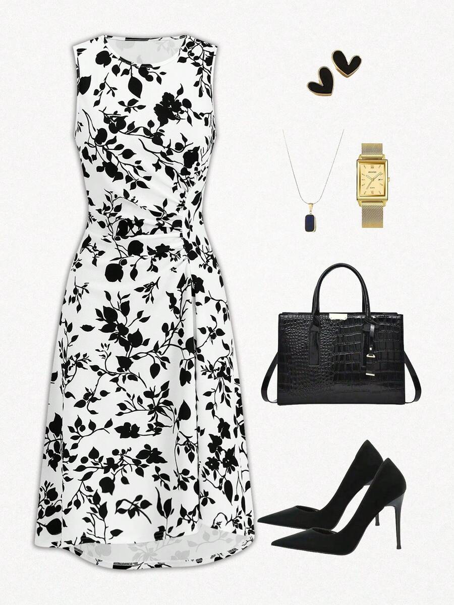 Ellevyn Women's Casual All-Over Print Round Neck Sleeveless Dress - Black and White - View 1