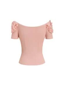 Ellevyn Blusa de punto elástica ajustada con hombros descubiertos y flores 3D rosas a rayas, con falda evasé. Falda elegante de jacquard para uso diario, vacaciones, primavera/verano - Multicolor - Ver 11