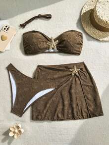 Soleia 3pcs Vacation Beach Textured Fabric Bandeau Bikini, Cover-Up & Skirt Set - Brown - View 1