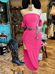 Franclia Vestido ajustado de unicolor con pliegues en el lateral y bajo con abertura - Rosa - Ver 4