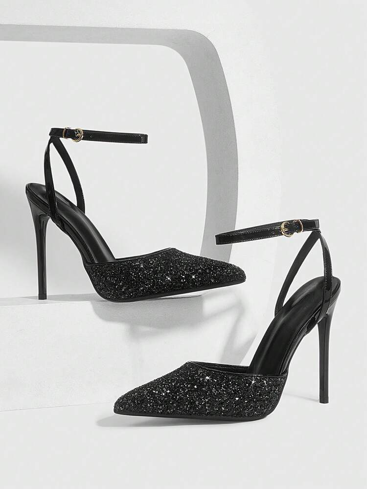 CUCCOO SZL Women Shoes Pointed Thin High Heel Black Glitter Ankle Strap Slingback Women's Shoes Simple Elegant Fashion Sexy Party Banquet Nightclub Women's High Heel Shoes Women's Shoes Spring Shoes