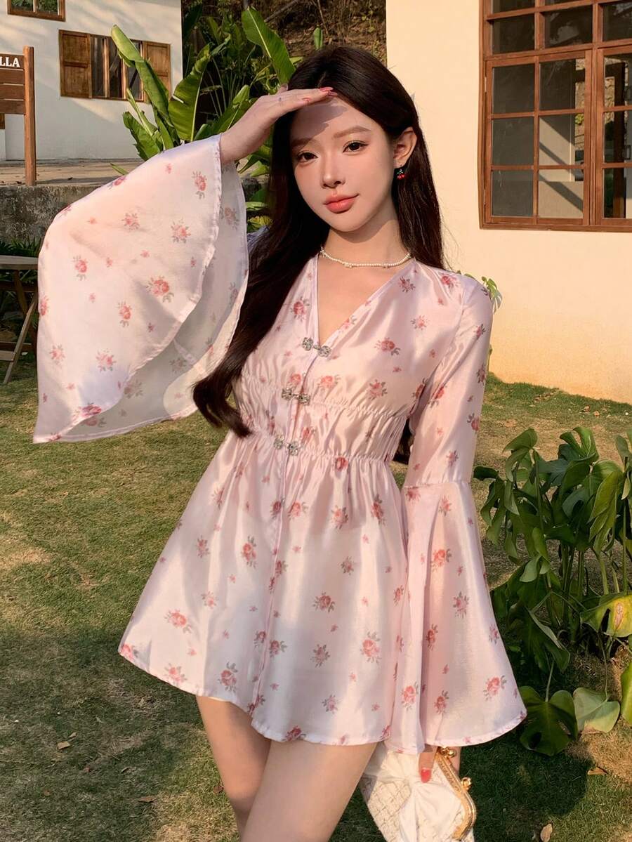 DAZY Spring & Summer Ditsy Floral Chiffon Blouse, Elegant Slim Fit Casual Vacation Commute Flare Sleeve Ruffle Hem Long Sleeve Shirt For Women Boho - Pink - View 1