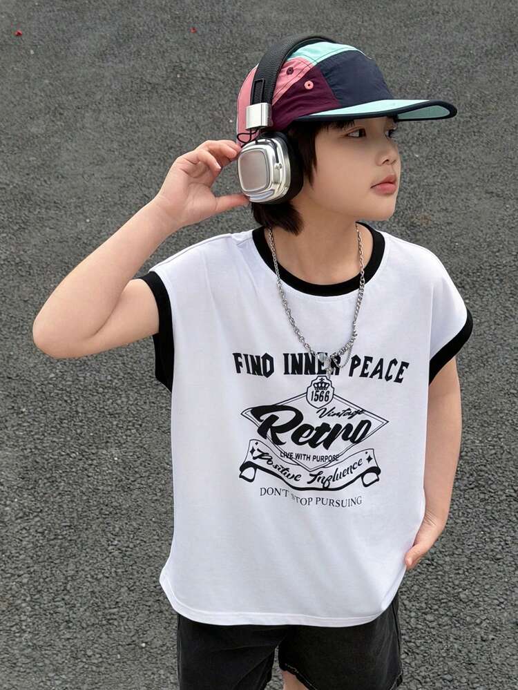 Tween Boy Slogan Print Contrast Color Round Neck Casual Tank Top