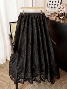 Modelyn 大码女式花卉网纱优雅中长裙 - 黑色 - 查看 1