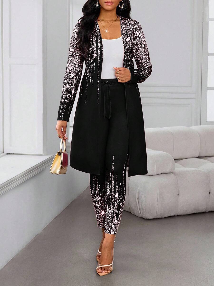 SHEIN Lady Bộ đồ nữ tay dài, kiểu dáng thường ngày, thanh lịch, đa năng, gồm 2 món. - Hồng - Xem 1