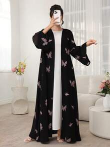 Al Najma Romantic Butterfly Print Open Front Flare Sleeve Dress, Spring/Summer - Multicolor - View 3