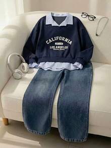 SHEIN Set de 2 piezas Pantalones vaqueros y blusa a rayas con estilo colegial y parches para niñas, apropiado para uso diario y actividades al aire libre - Azul Marino - Ver 1