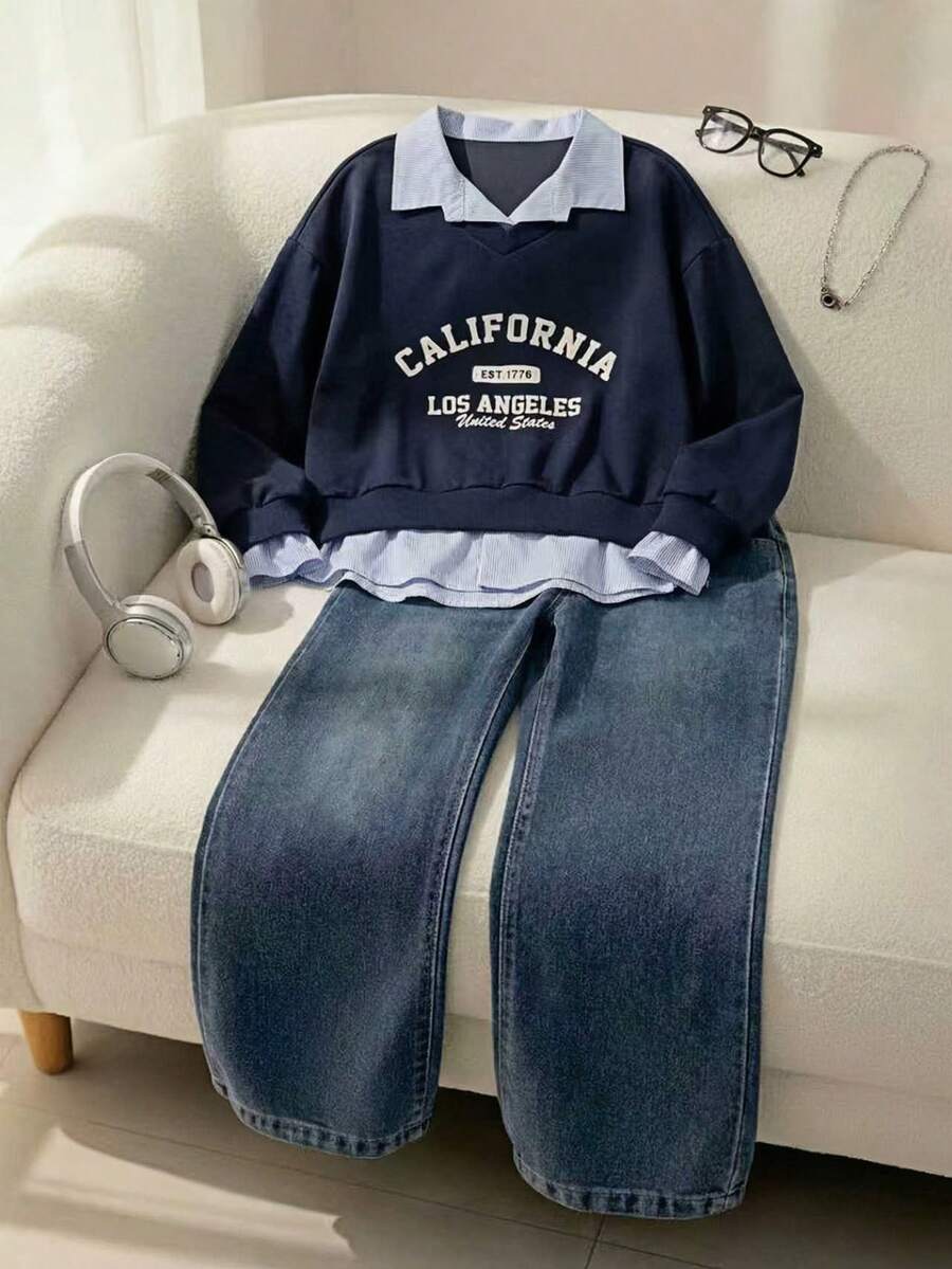 SHEIN Set de 2 piezas Pantalones vaqueros y blusa a rayas con estilo colegial y parches para niñas, apropiado para uso diario y actividades al aire libre - Azul Marino - Ver 1