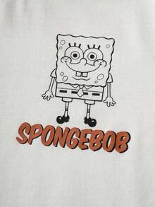 SpongeBob SquarePants | SHEIN 男童休闲拼接条纹卡通图案长袖T恤，秋季款 - 白色 - 查看 7