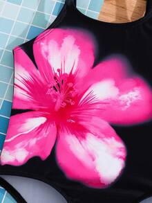 SHEIN Young Girls Floral Print Swimsuit - Black - View 3