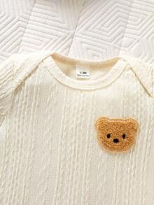 3件套新生儿小熊刺绣连体衣套装 - 米色 - 查看 7
