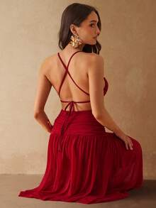 Silquee 女士性感纯色褶皱露背吊带连衣裙 - 紅色 - 查看 8