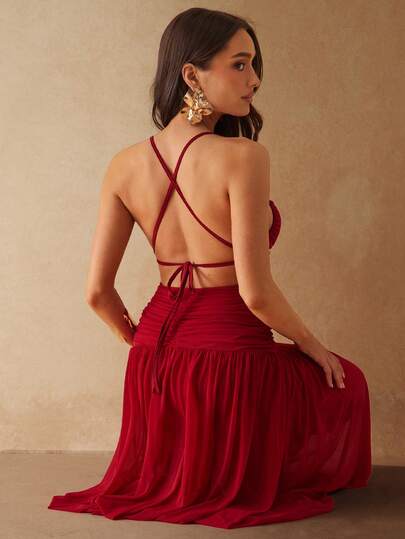 Silquee Women's Sexy Solid Color Ruched Backless Halter Dress