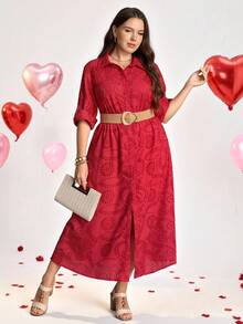 Comfylo Vestido casual versátil de talla grande con botones frontales y diseño hueco de unicolor - Rojo - View 6