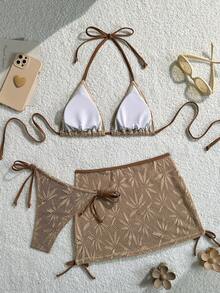 Swim Vcay Set de 3 piezas de bikini con estampado de hojas y escote halter, para playa de verano - Multicolor - Ver 2