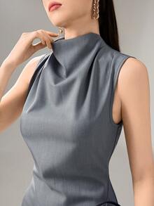 Heiryn Steel Gray Summer Elegant Women's Draped Mock Neck Sleeveless Asymmetrical Maxi Dress,Handkerchief Hem Formal Occasion Dress For Wedding Guest&Brunch - Grey - View 7