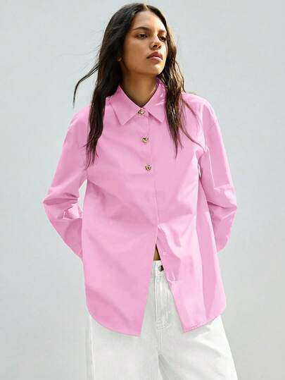 Maija 2025 Modern City Lapel Long Sleeve Metal Decor Button Loose Women Shirt, Suitable For Early Autumn Transition And Back To School Season Pink Shirt Women Oversized Button Up Women Button Down Blouse Pink Button Up Collar Shirt For Women  St Patrick's Day Women Easter Summer Outfits Easter Dress Women Party Top Beach Dress Summer Holiday Outfits Each Vacation Outfits For Women  Summer Outfit For Women Going Out Outfits Graduation Graduation Outfit  Casual Dresses  Casual Blouses For Women