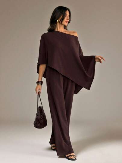 SHEIN Tall New Fall And Winter Women Clothes Casual Commuting Brown Loose One-Shoulder Irregular Top + High Waist Wide-Leg Trousers Women Two Pieces Set, ,Back To School,Country Concert Outfit,Homecoming,Halloween,Christmas,Brunch Outfits For Women,Going Out Outfits , Church Outfits Women,Travel, Shopping-A Modest Two Piece Set Casual Two Piece Set Brown Two Piece Set Women Brown Two Piece Outfit Comfortable Two Piece Set One Sleeve Dress Batwing Sleeve Dress Chocolate Brown Dress Brown Elegant Dress Women