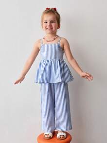 Maija Kids 女童蓝白条纹编织吊带背心和裤子休闲可爱套装 - 藍白色 - 查看 4