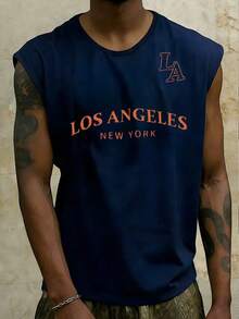 Manfinity Dauomo 男士字母印花圆领休闲百搭背心，夏季 - 藍色 - 查看 3