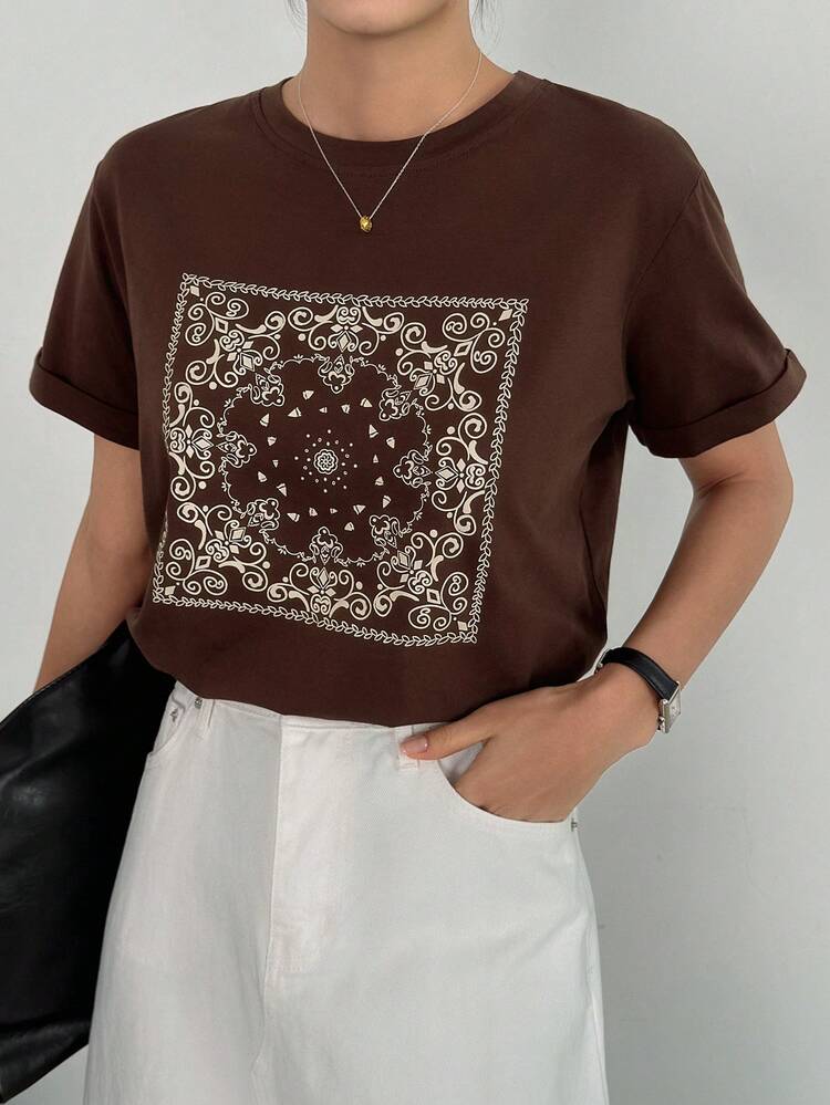 Women's Summer Round Neck Printed Loose Short Sleeve Vacation Style T-Shirt