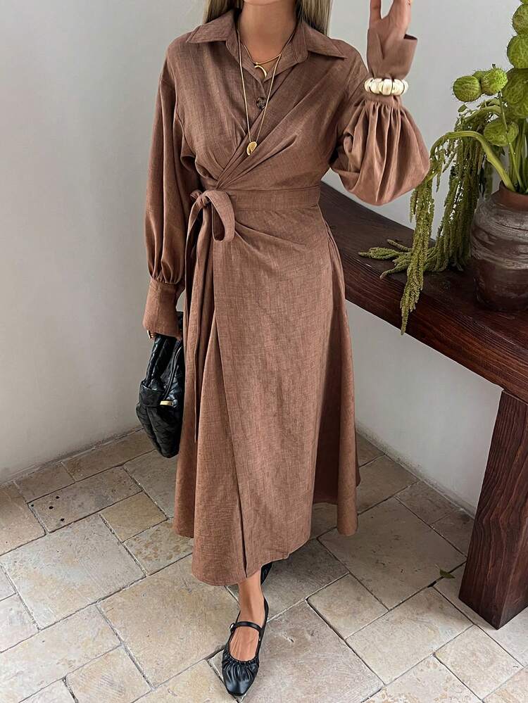 Women's Solid Color Long Sleeve Wrap Around Midi Dress Sundress