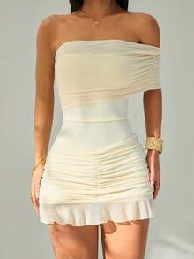 SHEIN PETITE Bodycon Asymmetrical Mesh Off Shoulder Mini Dress - Apricot - View 7