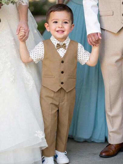 SHEIN 男童纯色短袖衬衫、马甲和裤子三件套，绅士风格套装，适合儿童返校、校服、幼儿园、生日派对、晚宴、婚礼、洗礼、日常穿着、通勤、运动、秋冬季穿着。