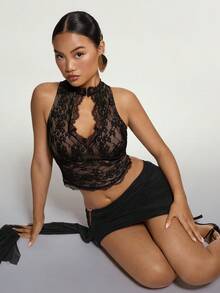 SHEIN ICON Y2K 女式黑色演唱会派对俱乐部约会之夜科切拉音乐节中国风夏季性感海滩度假风纯色褶皱扭结迷你裙 - 黑色 - 查看 7