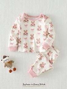 Cozy Pixies 新生女宝宝卡通熊图案针织柔软圆领长袖上衣和松紧腰裤两件套 - 粉色 - 查看 8