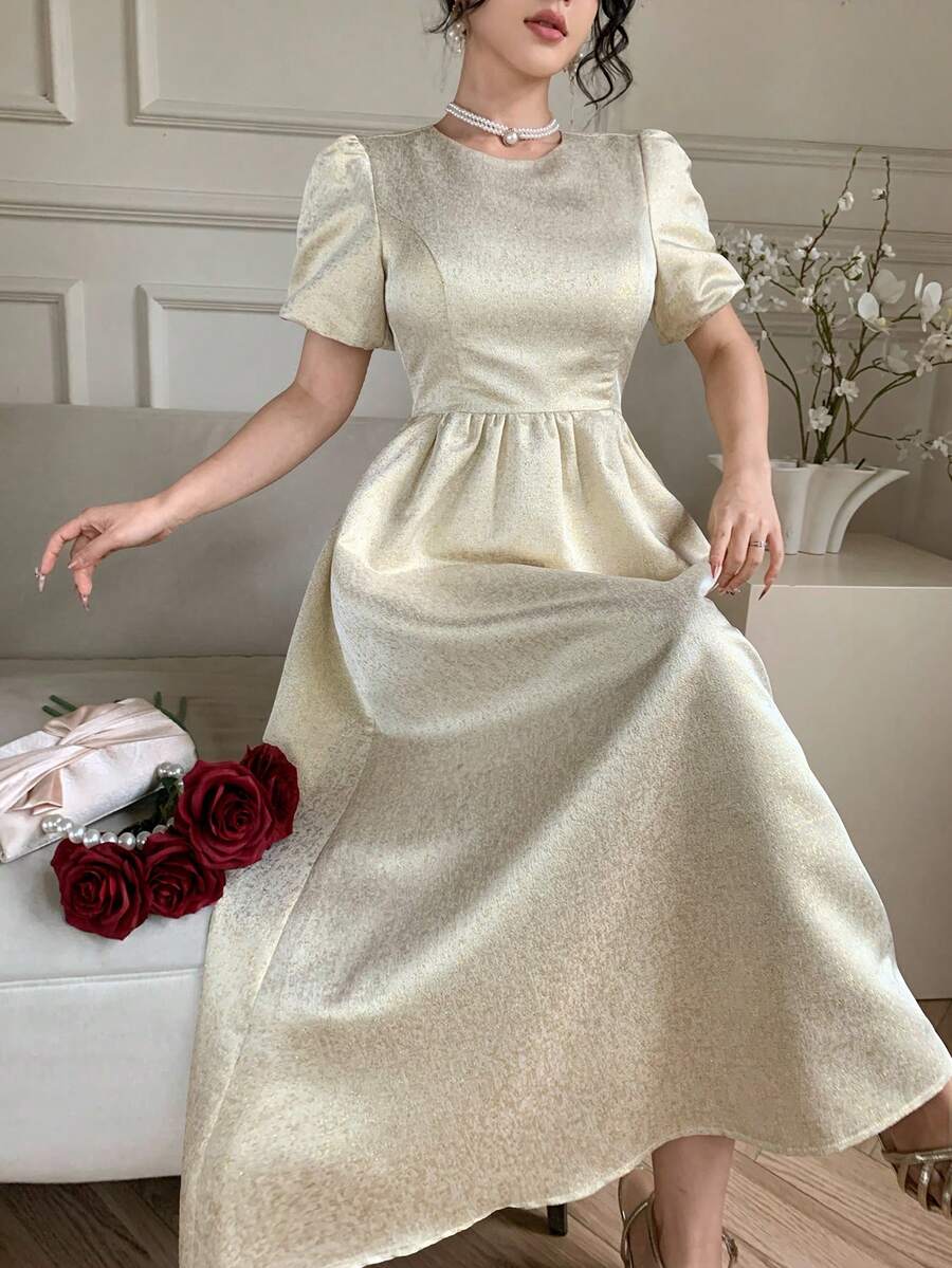 DAZY Women's Round Neck Puff Sleeve Elegant Dress - Apricot - View 1