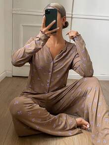 DAZY 2pcs Knitted Bow Print Cardigan & Pants Pajama Set For Women, Autumn - Khaki - View 3