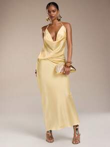 Normani 女士性感简约纯色黄色缎面不对称深V领露背系带连衣裙，适合派对、晚宴、正式场合、伴娘、生日迷你裙、商务休闲等场合，优雅露背缎面连衣裙 - 黃色 - 查看 2