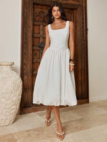 Enchnt Spring/Summer Romantic Women's Elegant Simple Casual White Square Neck Sleeveless Midi  Dress, Casual Outings, Elegant & Chic,Sweet For Vacation&Holiday&Going Out,Elegant Dress For Women