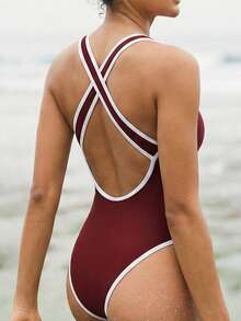 Swim SPRTY Áo tắm liền thân nữ, màu trơn, khóa kéo phía trước, không tay, thích hợp cho bãi biển, kỳ nghỉ, thể thao. - Màu Đỏ Sâu - Xem 3