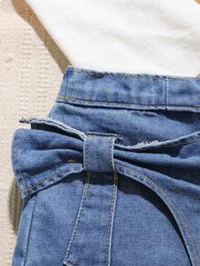 SHEIN Vintaside Kids Baby Girl Boho Style High Waist Ruffle Front Bow Decor Shorts, Summer Casual - Dark Wash - View 5