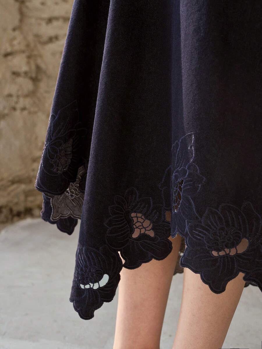 MOTF PREMIUM WOMEN'S SPRING/SUMMER NATURAL ASYMMETRIC A-LINE HOLLOW OUT EMBROIDERED MIDI DENIM DRESS - Navy Blue - View 1