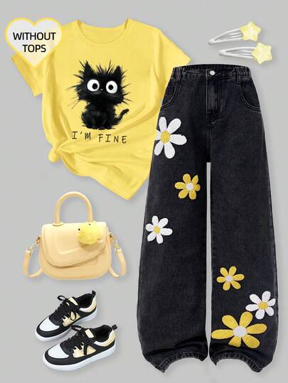 SHEIN ChillGRL Tween Girl New Fashion Snow Wash Distressed Embroidered Wide Leg Jeans Full For 11 To 12 Year Old With Plant Pants With Butterflies And Flowers Sunflower Girls 70s