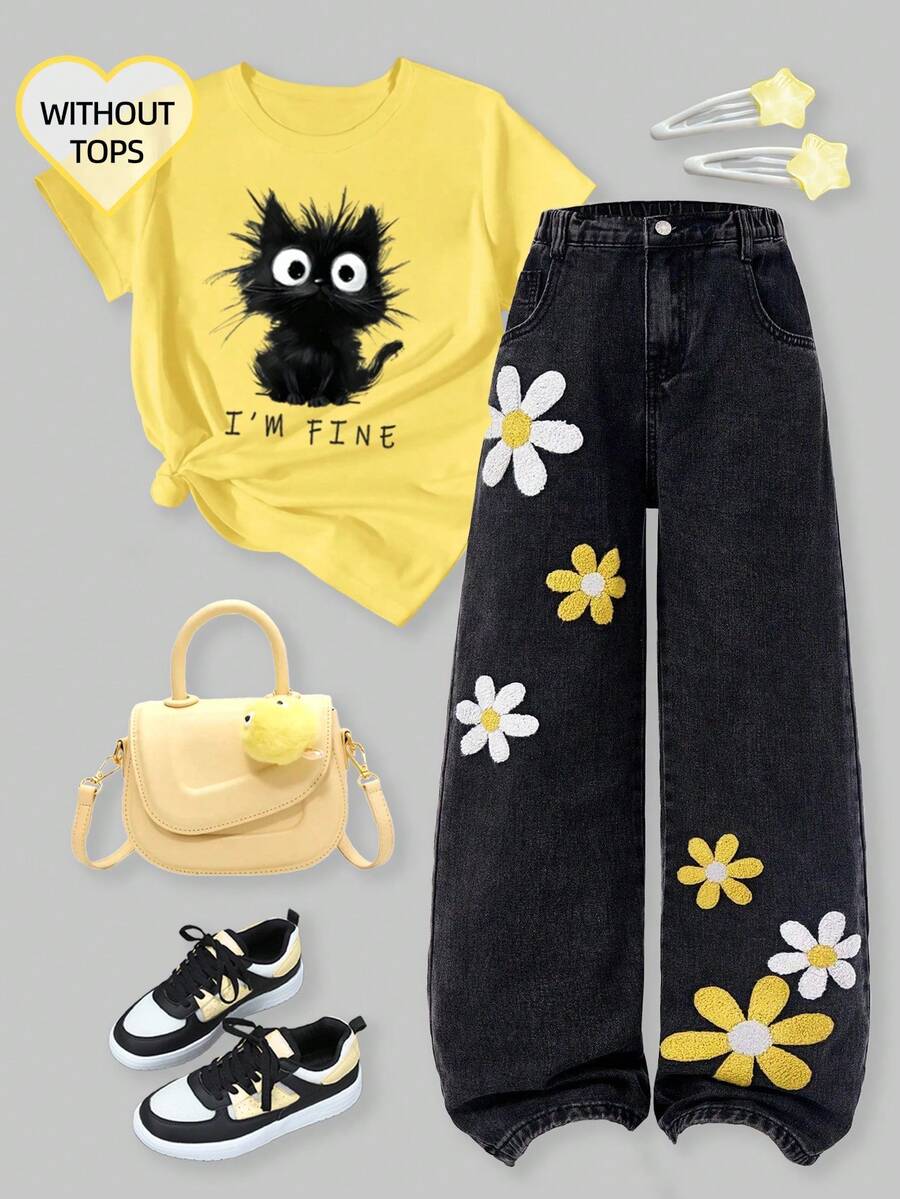 SHEIN ChillGRL 少女新時尚雪花水洗破洞刺繡寬腿牛仔褲 - 黑色 - 查看 1