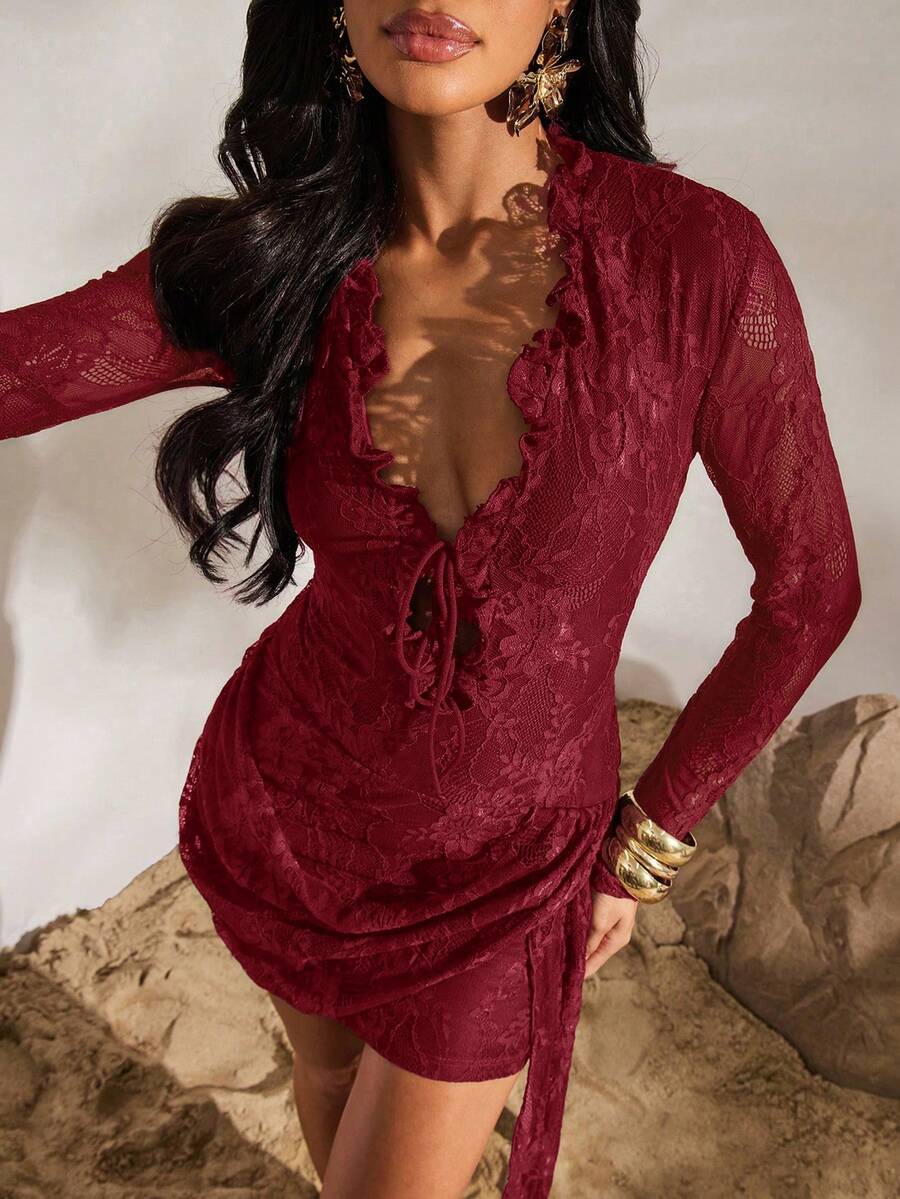 Opulessa Vacation Solid Color Knit Lace Halter Backless Bodycon Mini Dress For Women, Summer Spring Outfits, Beach Vacation Outfits, Elegant Going Out Outfits - Red - View 1